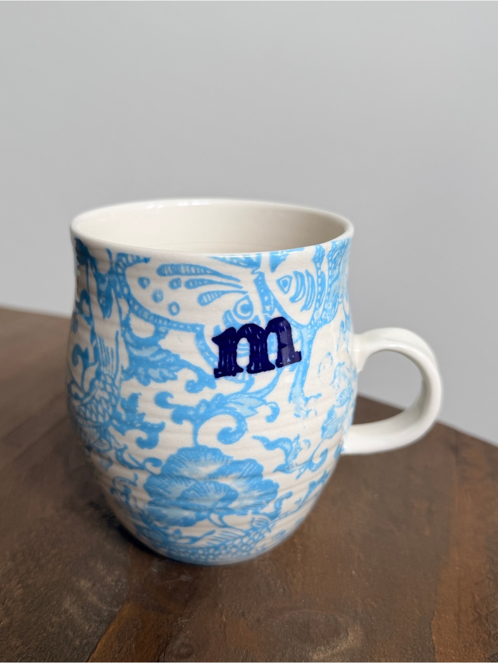 Anthropologie Blue and White Floral Monogram Mug “M”
